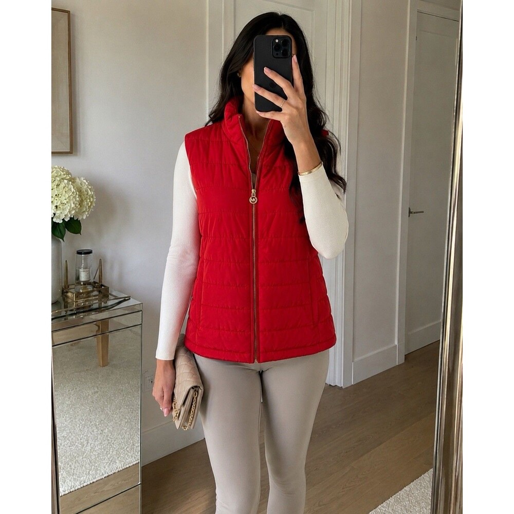 Michael Kors Puffer Quilted Vest Jacket MK Charm Womens Size XL Red Full Zip